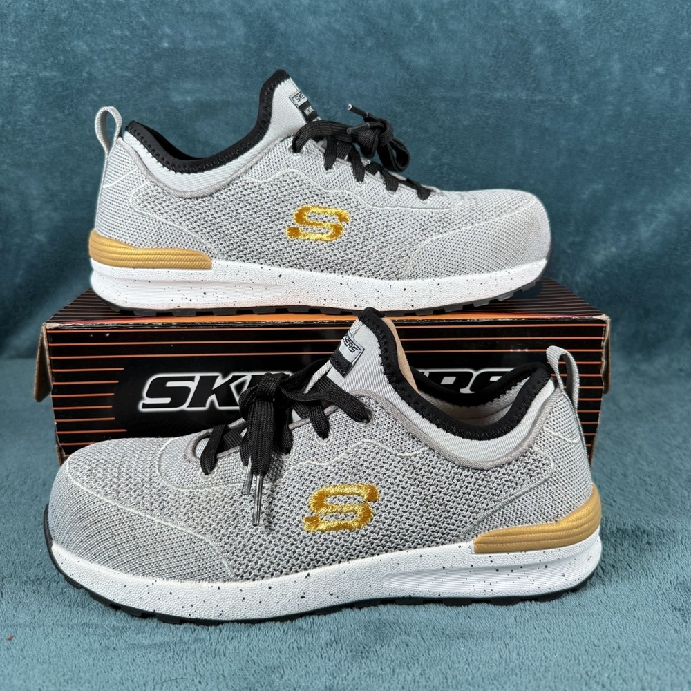 Skechers Womens Work Shoes 7.5 Gray/Gold Comp Toe Non-Metallic Memory Foam